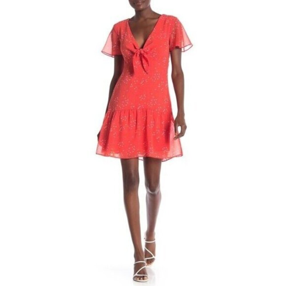 Willow & Clay Red Chiffon Dress Heart Print Front Tie Ruffle Hem SZ L NWT $110